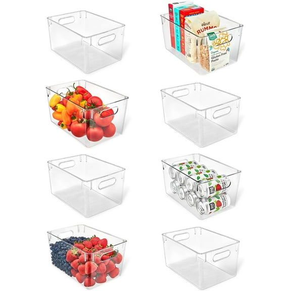 LifeMaster Pack of 8 Large Fridge Organizer PET Clear Bins - Maximize Storage Space, Easy to Clean, Portable & Stackable - Ideal for Fridge, Kitchen Cabinet, Pantry & Countertops - 11" x 8" x 6