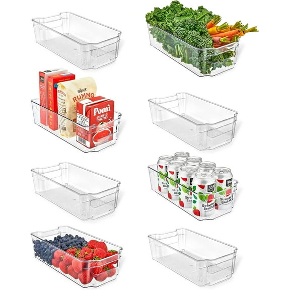 LifeMaster Pack of 8 Stackable Fridge Organizer PET Clear Bins - Maximize Storage Space, Easy-to-Pull Handles, Easy to Clean - Ideal for Fridge, Cabinet, Pantry, Countertops - 3.54 inch Height