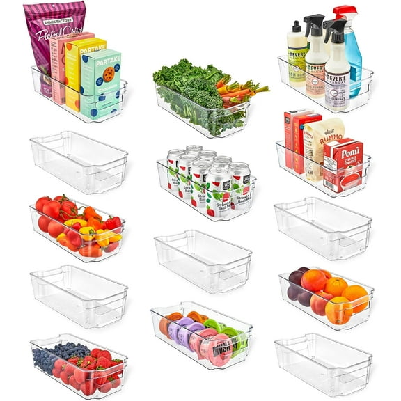 LifeMaster Stackable Fridge Organizer PET Clear Bins - Pack of 14 | Maximize Storage Space, Easy to Clean, Versatile for Fridge, Cabinet, Pantry, Countertops | Durable PET Plastic