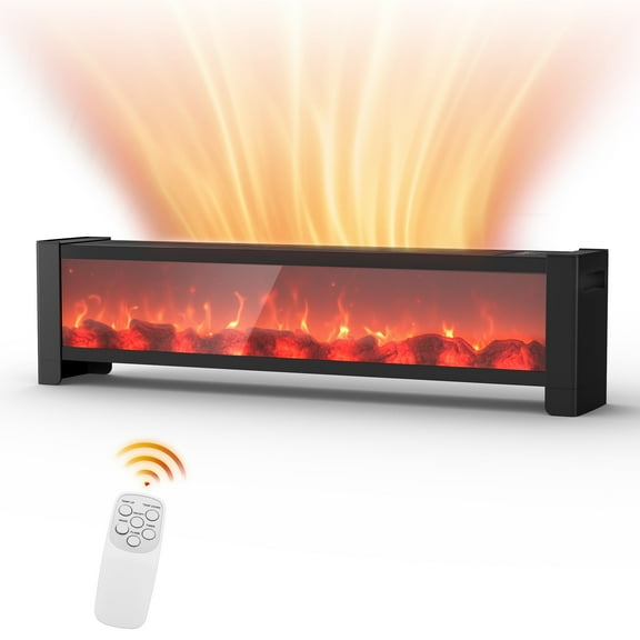 LifePlus Electric Baseboard Heater, 1500W Fast Heat with 3D Flame, Remote Control & Thermostat - Portable Space Heater for Living Room Bedroom, Ideal for Families/Homeowners