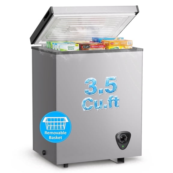 LifePlus 3.5 Cu Ft Chest Freezer, Top Open Door Small Deep Freezer with Removable Basket, Adjustable Temp, Fast Cooling, Energy Saving, Low Noise for Home Garage RV, Gray
