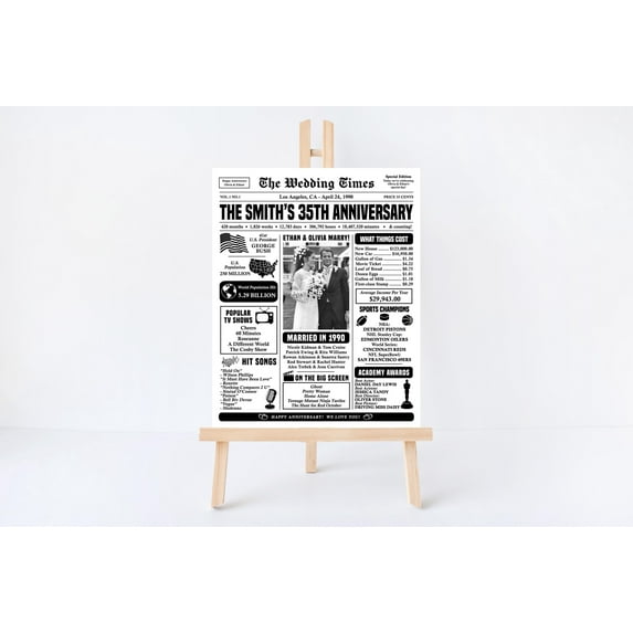 LifePlus 35th Wedding Anniversary Newspaper Poster, 1990 Anniversary Gift for Parents, Married in 1990 Poster, 35th Anniversary Decorations