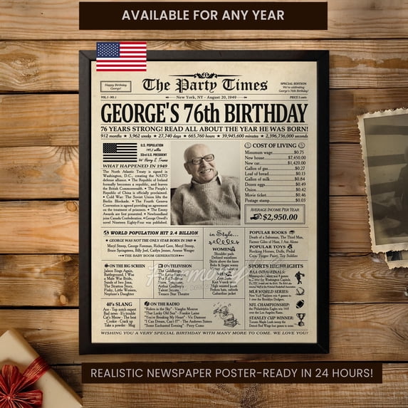 LifePlus 76th Birthday Newspaper Poster Sign, Personalized 76th Birthday Grandma and Grandpa Gift, 1949 Birthday Newspaper Poster, Best Party Favors