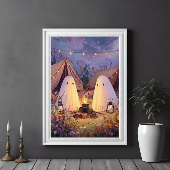 LifePlus Cute Ghost Camping Poster Cozy Halloween Wall Art Whimsical Ghosts by Campfire Print Cottagecore Spooky Tent Decor Halloween Poster