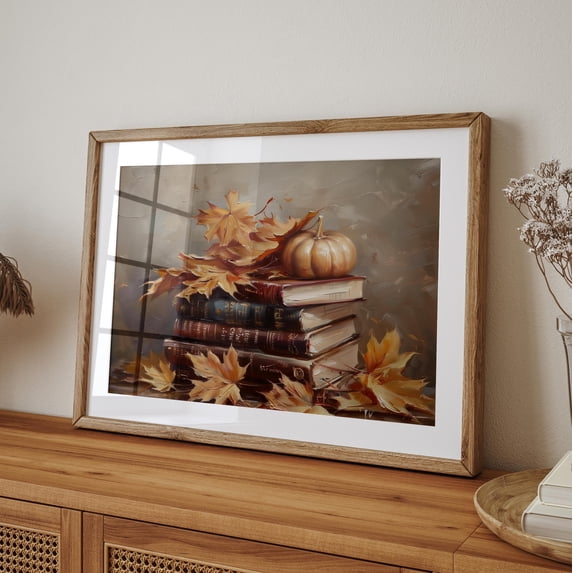 LifePlus Fall Still Life Oil Painting | Vintage Books Autumn Wall Art | Rustic Thanksgiving Decor | Dark Pumpkin Fall Art