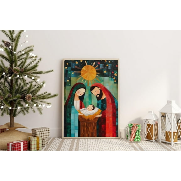 LifePlus Hand Drawn Christmas Print Jesus Wall Art Christmas Painting Religious Painting Winter Print Christmas Wall Decor Christmas Art