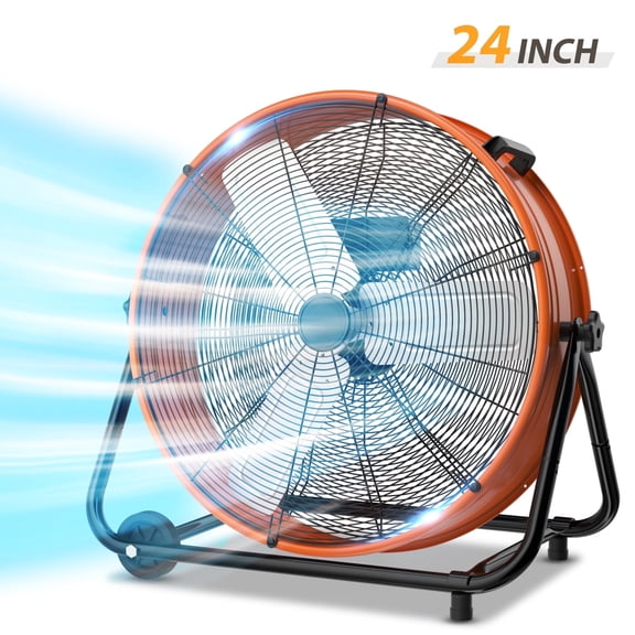 LifePlus Industrial Drum Fan, 5620cfm High Velocity Floor Fan 3 Speed Air Circulation, 24 inch, Orange