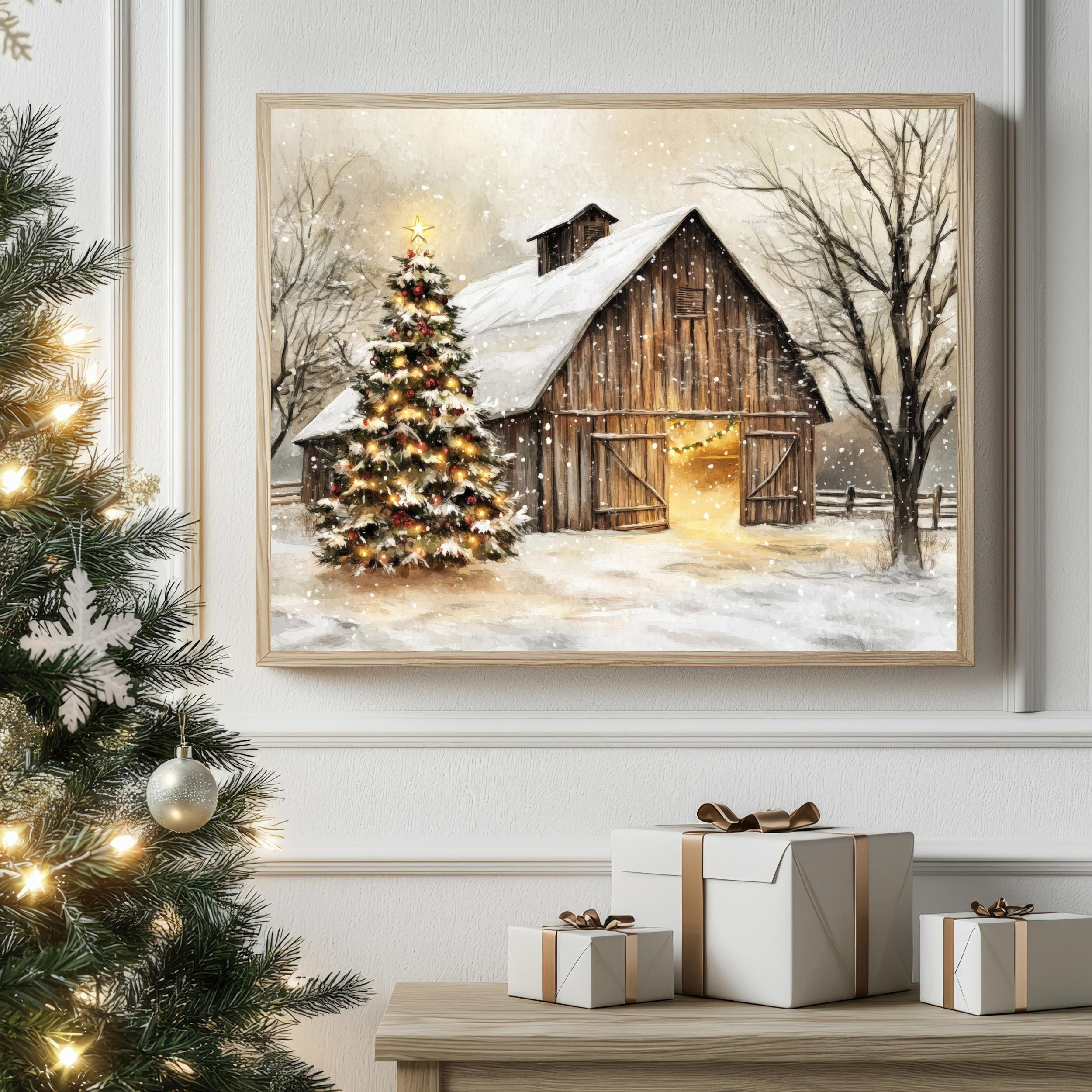 LifePlus Rustic Christmas Barn Art: Winter Scene Wall Decor Poster ...