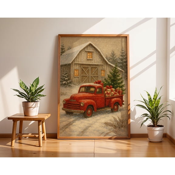 LifePlus Rustic Red Truck Christmas Wall Art, Vintage Barn Winter Print, Holiday Poster, Snowy Country Christmas Artwork Decor