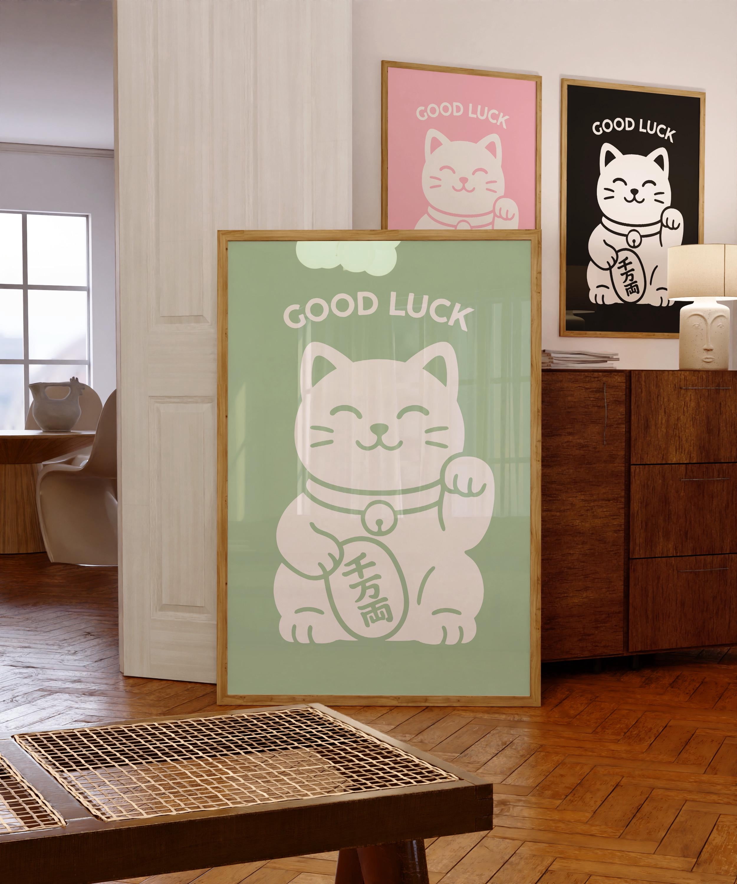 LifePlus Sage Green Maneki Neko Poster , Japanese Lucky Cat Wall Art ...