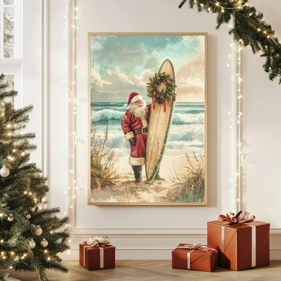 LifePlus Santa Surfing Wall Art: Vintage Coastal Christmas Beach Poster Poster