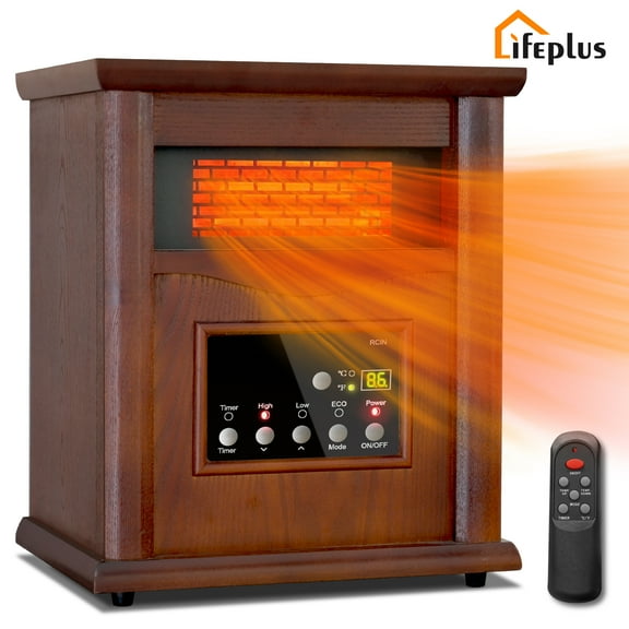 LifePlus Space Heater Infrared Quartz Electric Heaters 1500W Portable Wood with Remote