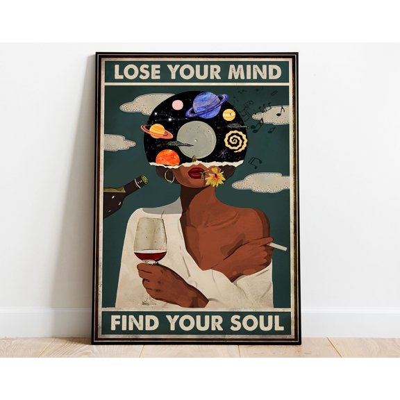 LifePlus Vintage Music Black Girl Poster, Lose Your Mind Find Your Soul Poster, Black Queen Poster, Music Lover Art, Wine Lover Poster
