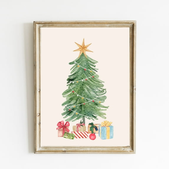 LifePlus Watercolor Christmas Tree Poster | Tree with Presents | Wall Art | Holiday Decorations | Neutral Christmas Decor