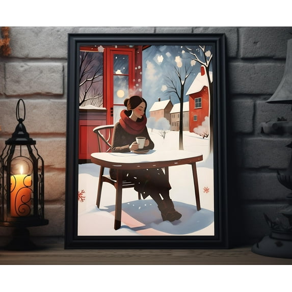 LifePlus Winter Coffee Folk Art Print | Christmas Cafe Painting Artwork, Coffee Shop Woman Wall Art, Winter Decor For Home, December Holiday Poster,