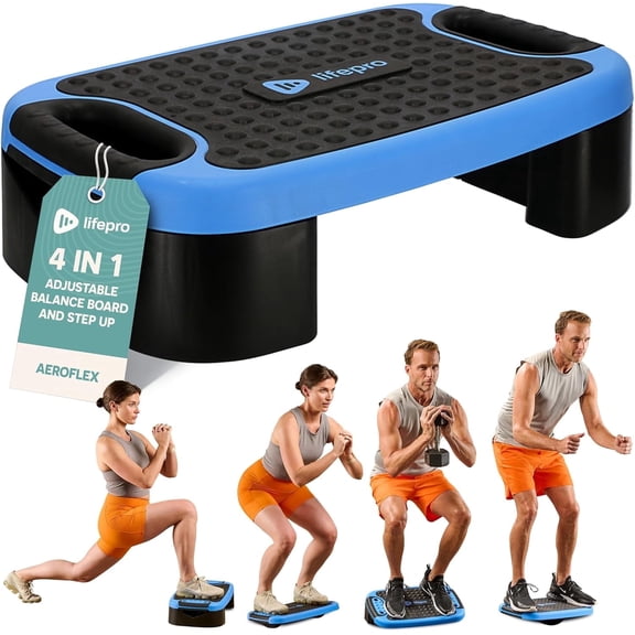 LifePro 4-in-1 Aerobic Balance Board and Step Up Exercise Platform, AeroFlex Adjustable Slant Board Stepper for Home Workouts, Balance, Strength and Cardio - Blue