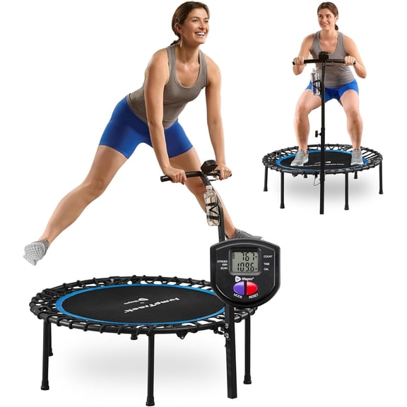 Lifepro Rebounder Trampoline for Adults with Handle & Jump Counter, 40” Foldable Mini Fitness Trampoline with Silent Bungee System for Low-Impact Cardio Workouts - 350 lb Capacity - Black