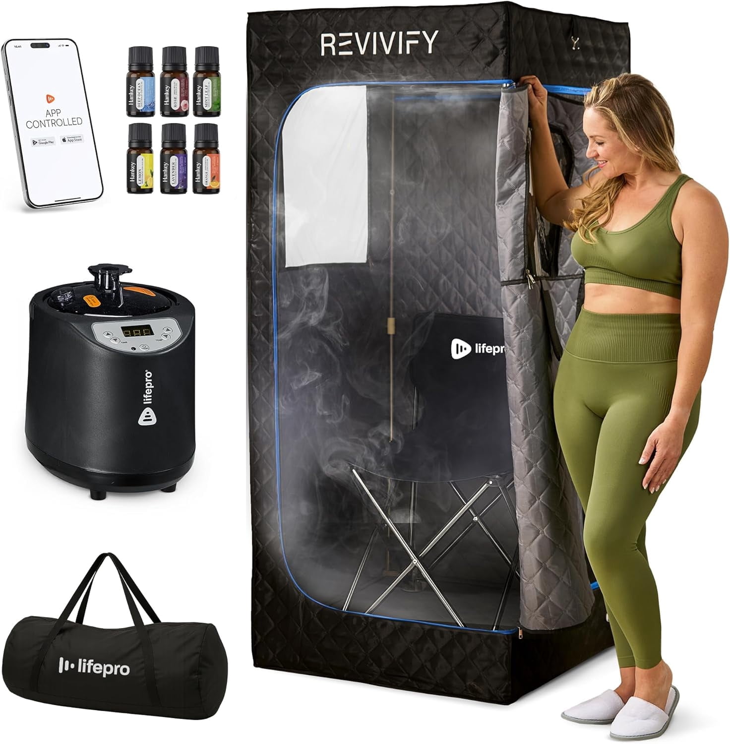 LifePro Portable Steam Tent with Chair  Indoor Steam Sauna Tent with Remote, Foldable Frame, 1.2kW Generator, Mat, Phone Holder & Tray  70.87 Height - Black