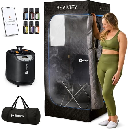 LifePro Portable Steam Tent with Chair – Indoor Steam Sauna Tent with Remote, Foldable Frame, 1.2kW Generator, Mat, Phone Holder & Tray – 70.87” Height - Black