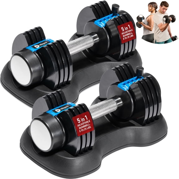LifePro 5in1 Adjustable Dumbbells Set – 25 lb Each Quick Adjust Weights Dumbbells with Rack for Home Gym & Strength Training - Black