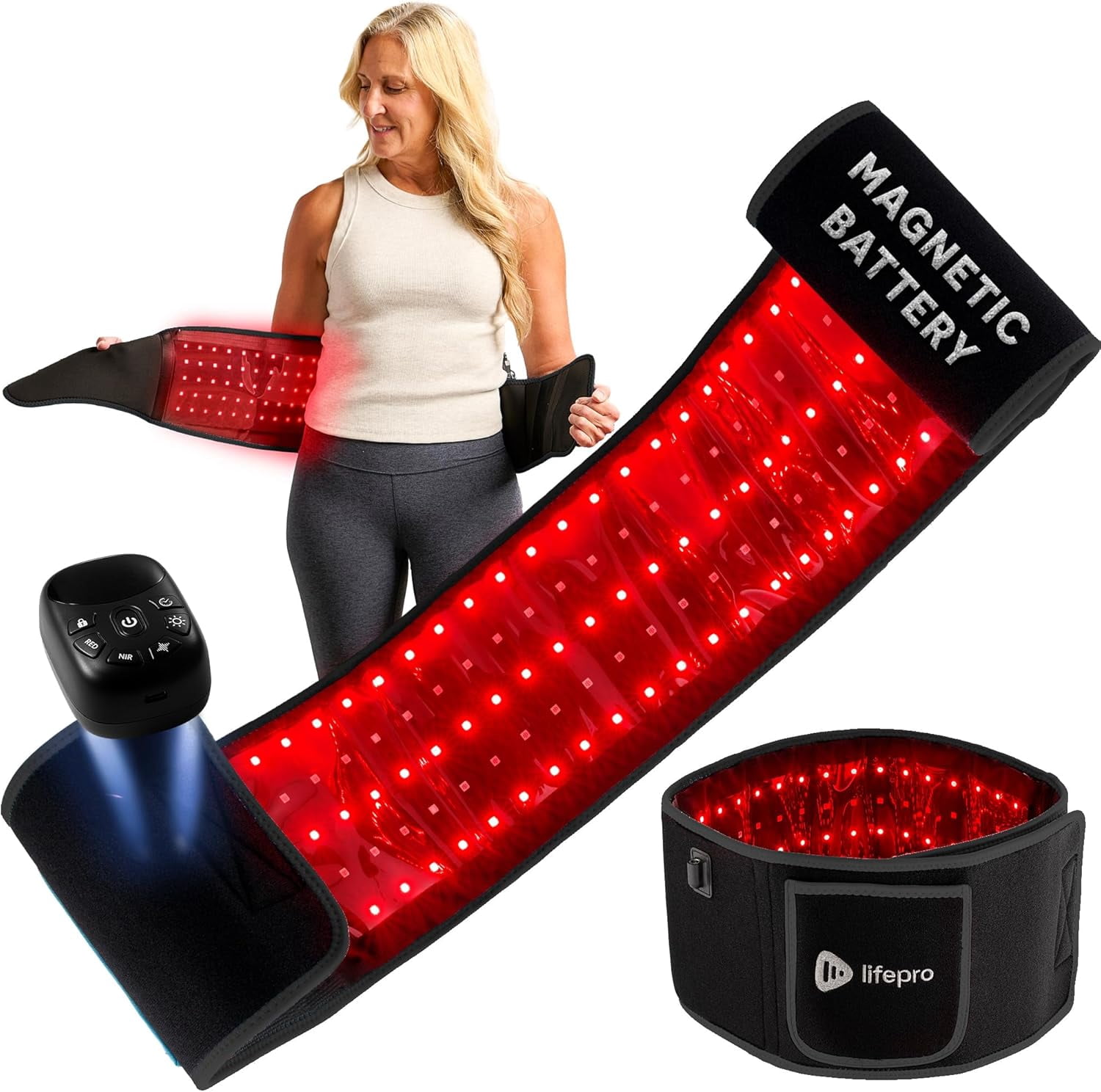 LifePro Red Light Therapy Belt with 660nm Red & 850nm Infrared LEDs – Adjustable Rechargeable Wrap – Portable Wellness Device – Black