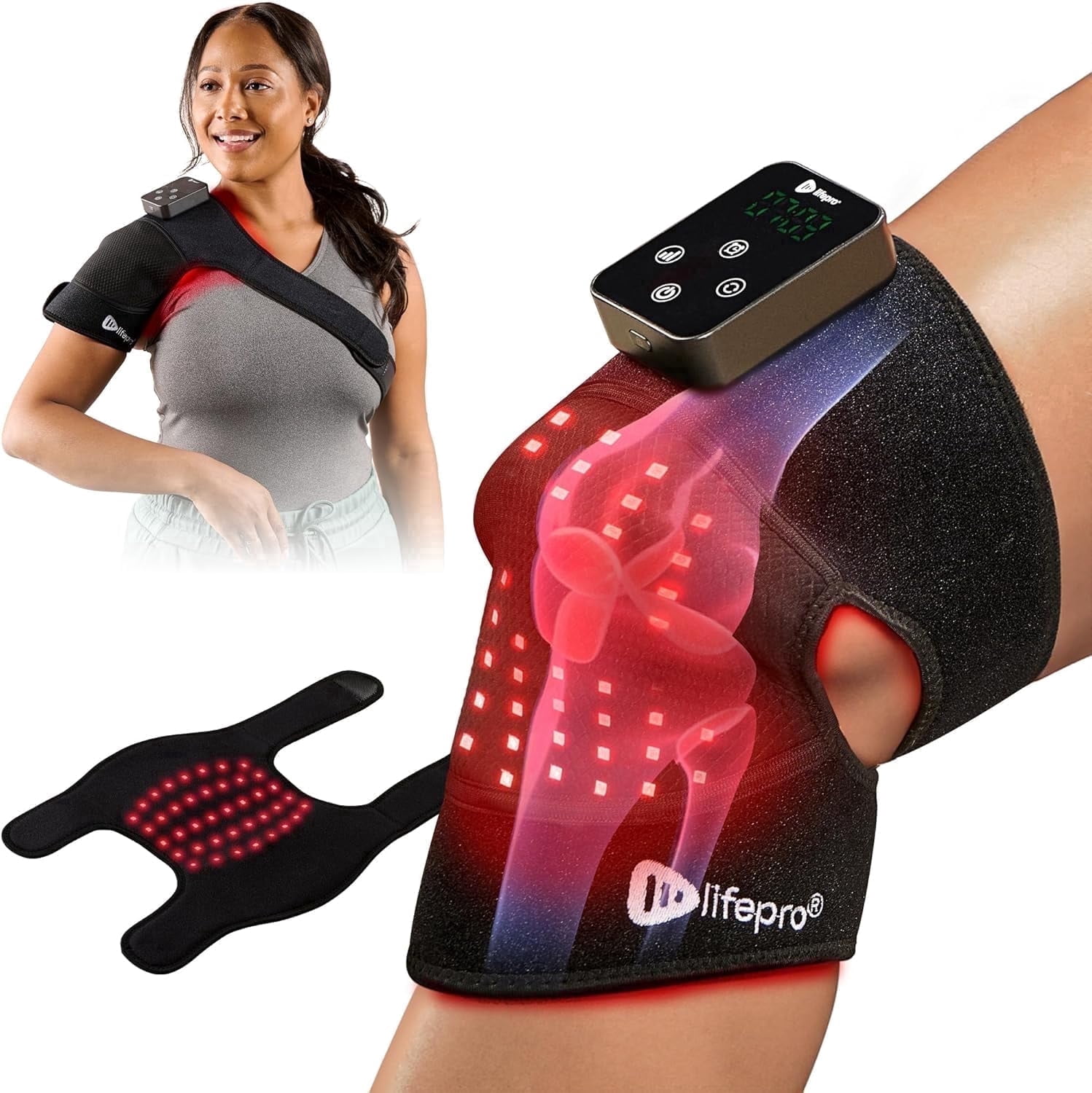 LifePro BioRecover Go  Portable Red Light & Infrared Knee Wrap with Heat & Vibration  Cordless Joint Comfort Sleeve - Black for Knee, Shoulder, and Elbow  3000m