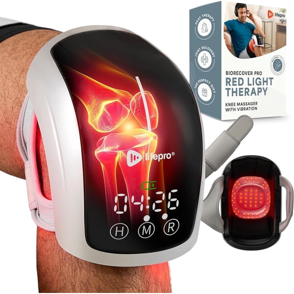 LifePro Red Light Therapy Knee Brace Portable Near Infrared LED Wrap with Heat, Vibration & Rechargeable Battery - Silver