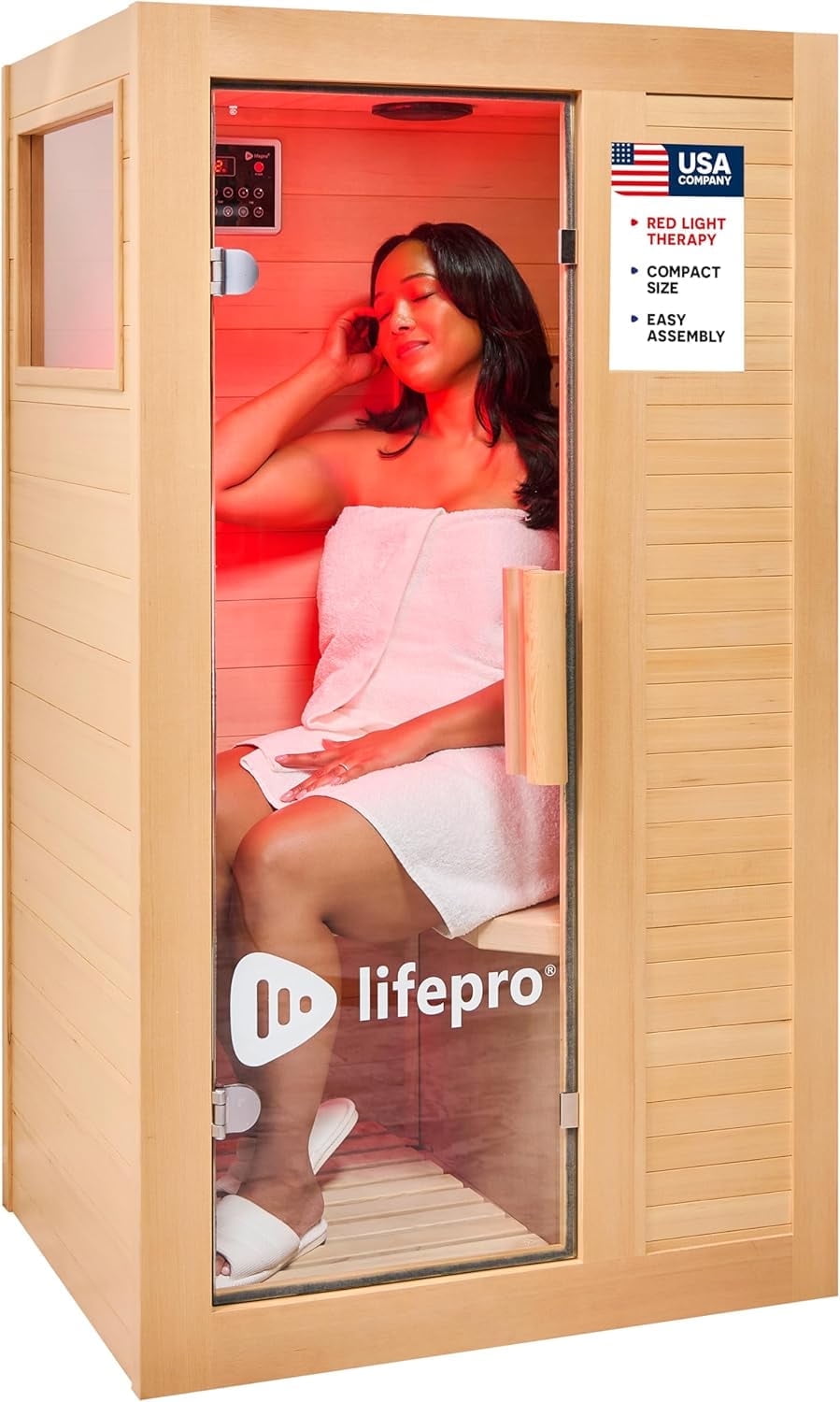 LifePro Rejuvacure Cozy 1-Person Far Infrared Sauna with Red Light, 7 Carbon Fiber Heaters, Canadian Hemlock, Bluetooth & Color Light Modes - Brown