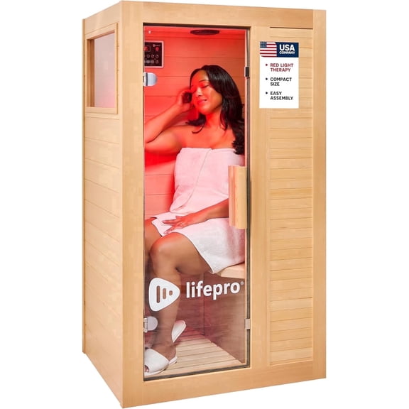 LifePro RejuvaCure 1 Person Infrared Sauna with Red Light Therapy – Home Sauna, Canadian Hemlock, 7 Carbon Fiber Heaters, Bluetooth & Chromotherapy - Brown