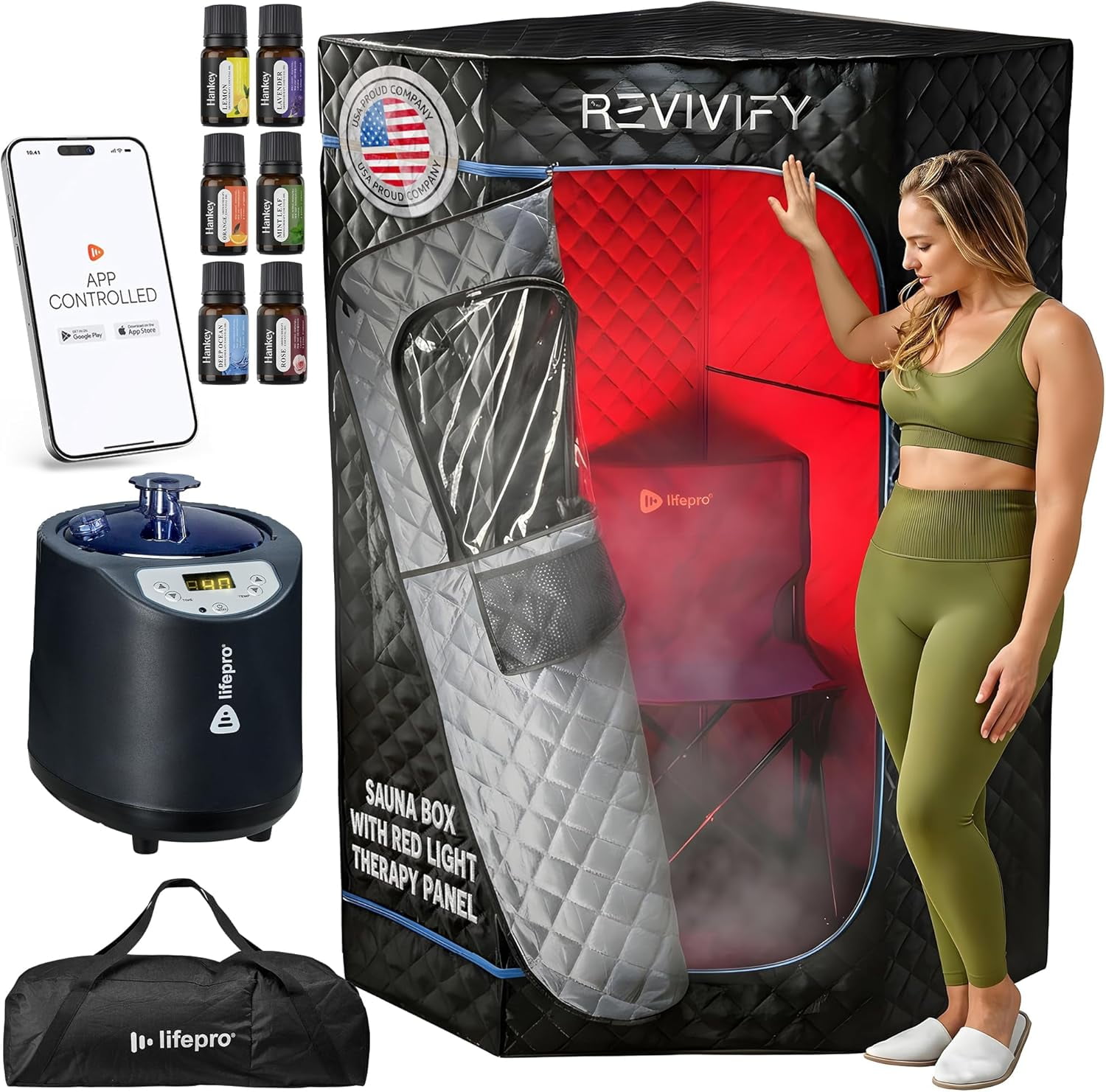 LifePro Revivify Deluxe Portable Sauna Box with Red Light Therapy Full Body Steam Sauna Tent for Home Use with Adjustable Heat, Remote Control, Essential Oil Diffuser & Waterproof Design