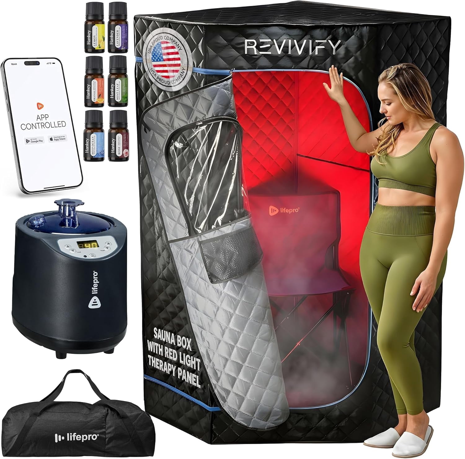 LifePro Revivify Deluxe Portable Sauna Box with Red Light Therapy  Full Body Steam Sauna Tent for Home Use with Adjustable Heat, Remote Control, Essential Oil D