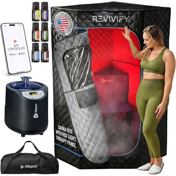 LifePro Revivify Deluxe Portable Sauna Box with Red Light Therapy Full Body Steam Sauna Tent for Home Use with Adjustable Heat, Remote Control, Essential Oil Diffuser & Waterproof Design