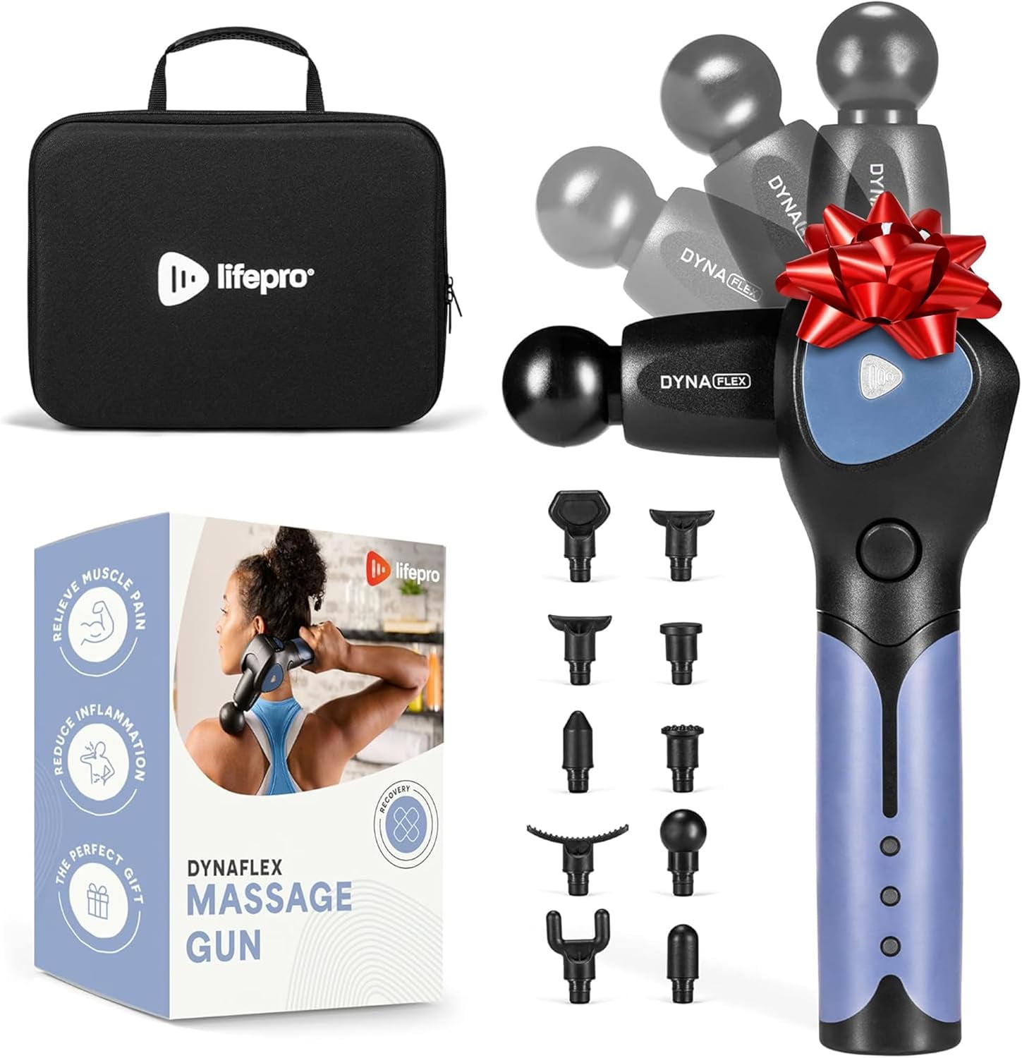LifePro Dynaflex Massage Gun – Deep Tissue Handheld Massager Gun for Muscle Recovery with 10 Heads & Travel Case – Portable Percussion Massage Gun for Athletes - Blue