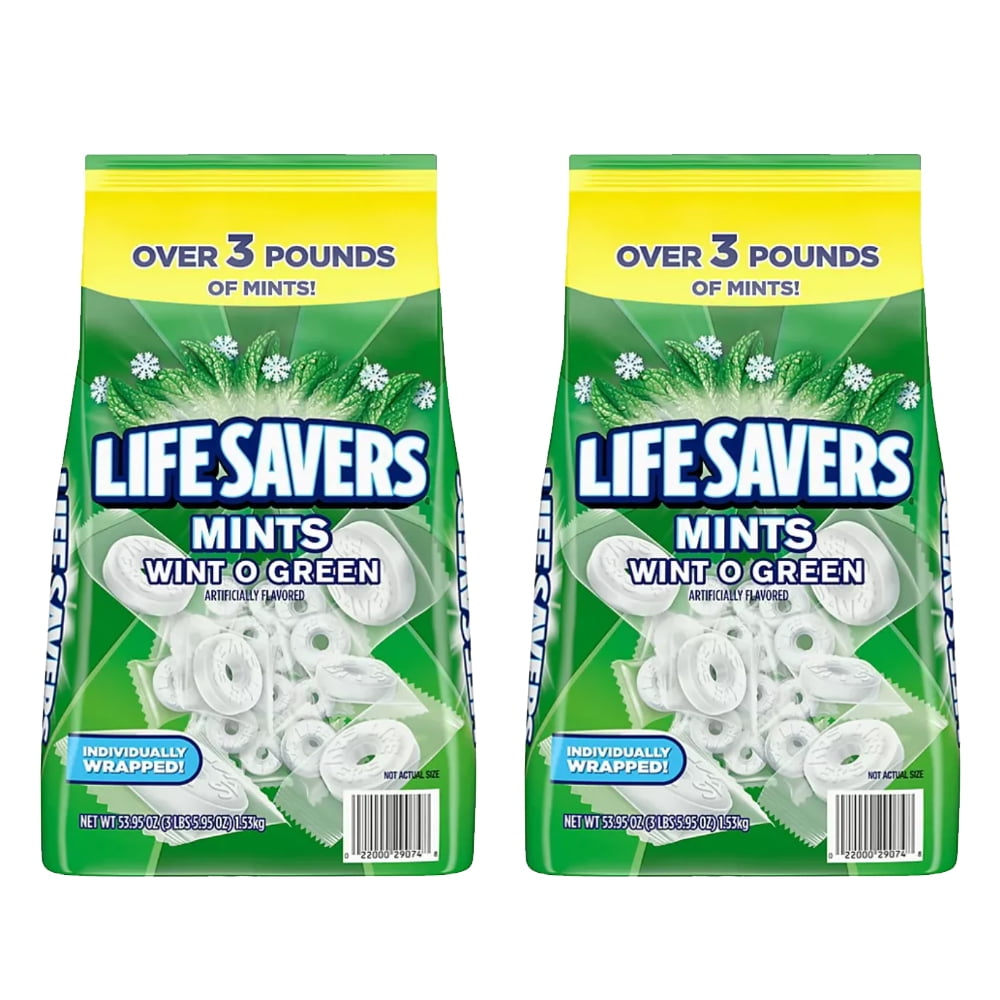 LifeSavers Wint O Green Breath Mints, Bulk Hard Candy, 53.95 oz (3.3 lbs), Refreshing Mint Flavor, Individually Wrapped, Party and Office Candy, (2 Pack)