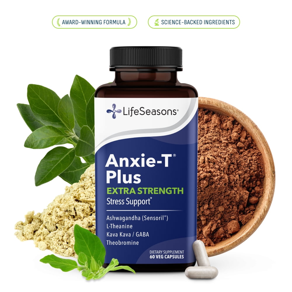 Anxie-T Plus - Extra Strength Stress Relief Supplement - Supports Mood & Mental Focus - Feel Calm and Relaxed - Eases Tension & Nervousness - Ashwagandha, Kava Kava, GABA & L-Theanine - 60 Capsules