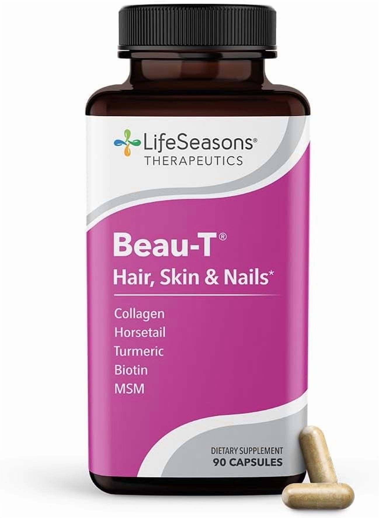 LifeSeasons Beau-T - Hair, Nail & Skincare Supplement - Promotes Healthy Hair and Nail Growth - Support Clear Skin & Fights Acne - Nail Strengthener - Contains Biotin Collagen Turmeric - 90 Capsules