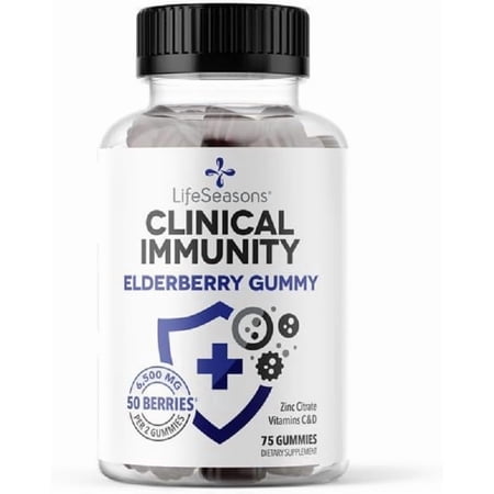 LifeSeasons Clinical Immunity - Elderberry Gummies - Supports a Healthy Immune System - 25 Elderberries Per Gummy - Maltodextrin-Free - Vitamin C, Vitamin D3, Zinc & Elderberry Extract - 75 Gummies