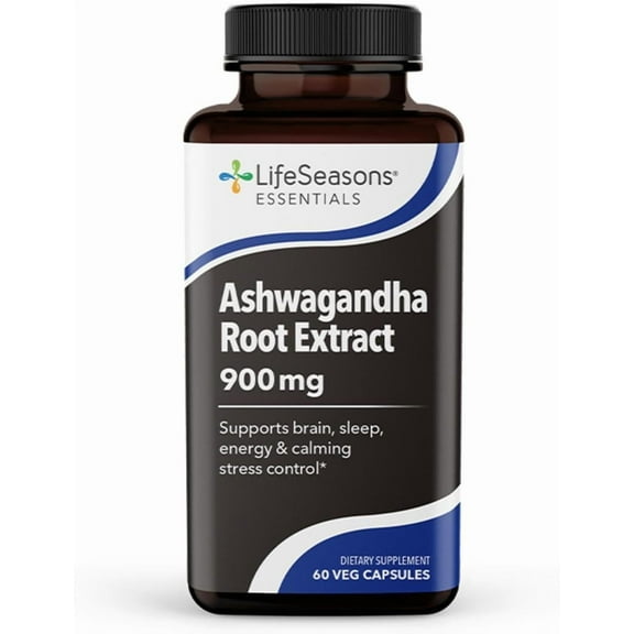 LifeSeasons Essentials Ashwagandha - Stress & Sleep Support Supplement - Calm & Focused Mind - Improves Athletic Performance & Brain Function - 900mg per 2 Capsules - 60 Capsules
