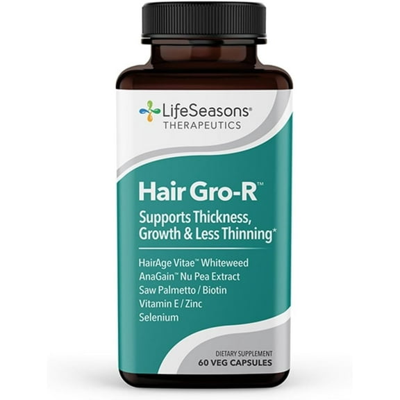 LifeSeasons Hair Gro-R - Support Thickness Growth & Less Thinning - Reduce Hair Loss & Encourage Regrowth - Biotin Zinc Selenium & AnaGain Nu Pea Extract - 60 Capsules