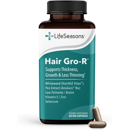 LifeSeasons Hair Gro-R - Support Thickness Growth & Less Thinning - Reduce Hair Loss & Encourage Regrowth - Biotin Zinc Selenium & AnaGain Nu Pea Extract - 60 Capsules