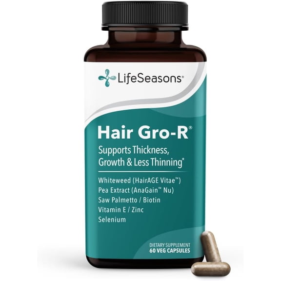 LifeSeasons Hair Gro-R - Support Thickness Growth & Less Thinning - Reduce Hair Loss & Encourage Regrowth - Biotin Zinc Selenium & AnaGain Nu Pea Extract - 60 Capsules