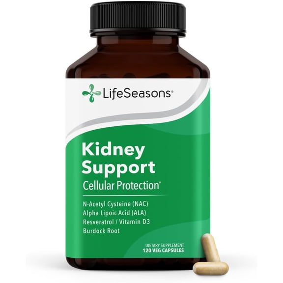 LifeSeasons Kidney Support Supplement  Cellular Protection with NAC, Alpha Lipoic Acid, Resveratrol, Burdock Root & Vitamin D3  Supports Detox, Oxidative Stress & Renal Function  120 Capsules