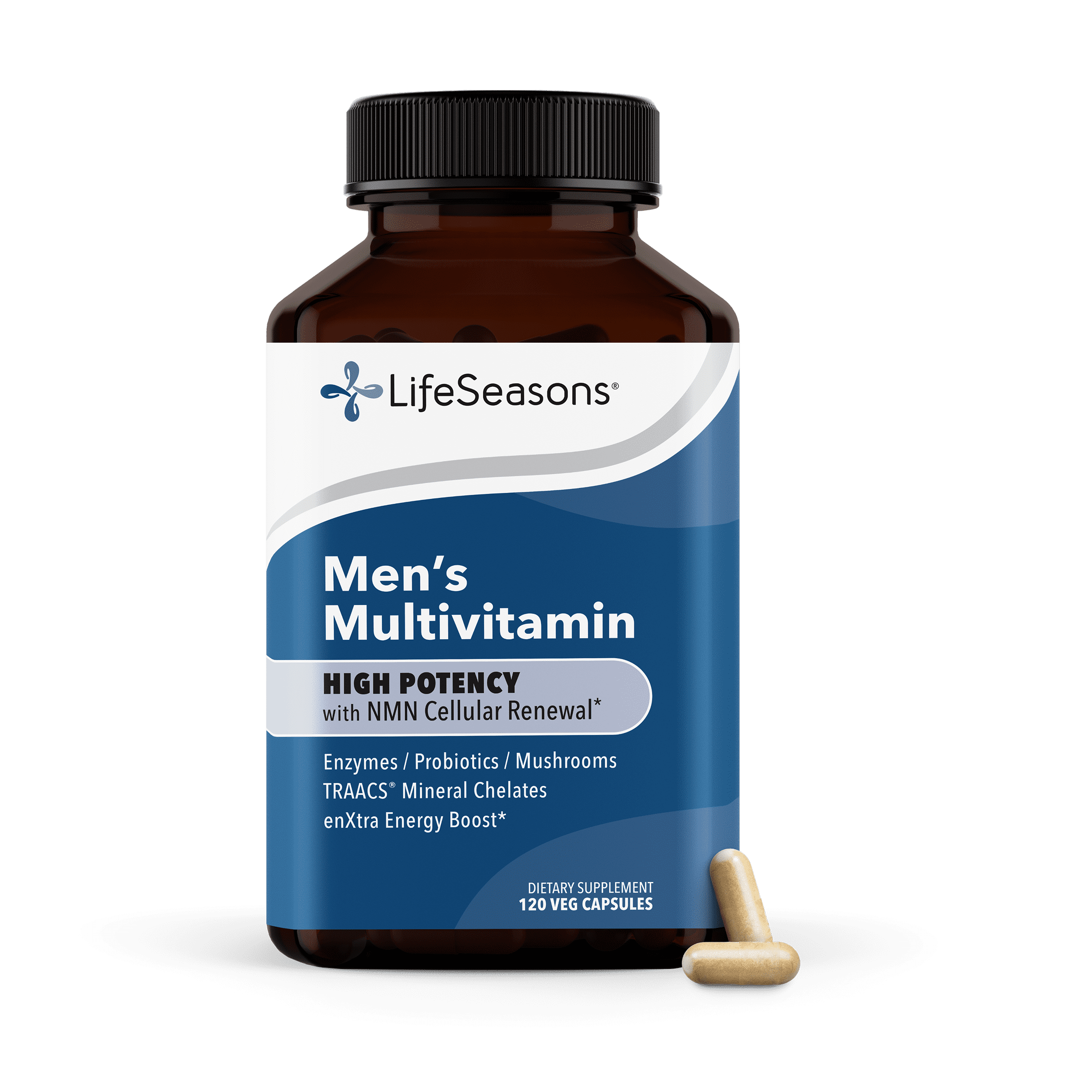 LifeSeasons Men's Multivitamin – High Potency with 21 Vitamins & Minerals, PureWay-C®, NAD+, Active B-Vitamins, TRAACS® Chelates, enXtra® for Energy, Probiotics & Mushrooms – 120 Veg Capsules