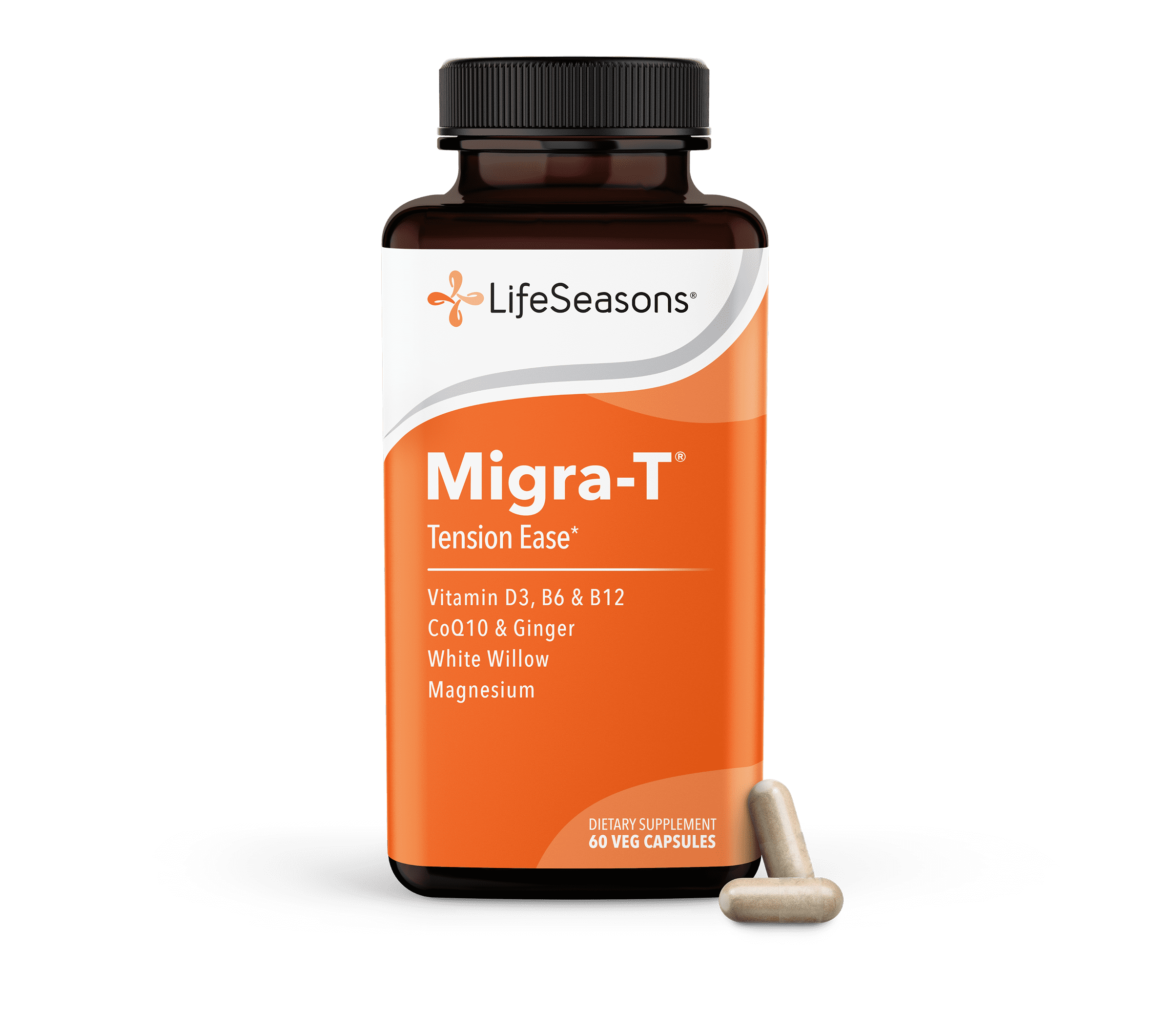 LifeSeasons - Migra-T - Migraine Prevention & Relief Supplement - Support for Severe Headaches - Reduces Light Sound & Odor Sensitivity - Feverfew, White Willow, Magnesium Ginger & CoQ10-60 Capsules