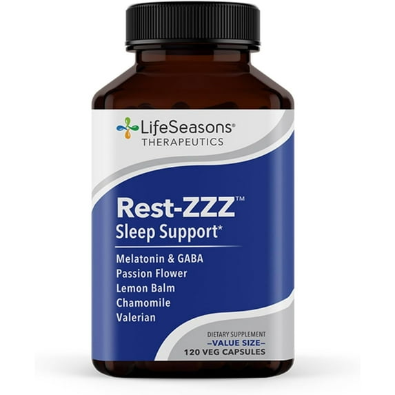 LifeSeasons Rest-ZZZ - Natural Sleep Support Supplement - Fall Asleep & Stay Asleep - Calms Nervous System - Ease Muscle Tension & Restlessness - Low Dose Melatonin GABA & Chamomile - 120 Capsules