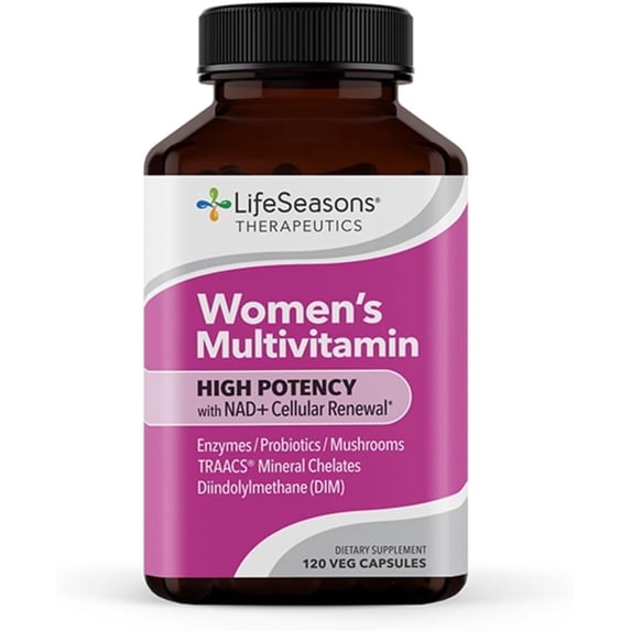 LifeSeasons Women's Multivitamin – High Potency with 21 Vitamins & Minerals, PureWay-C®, NAD+, Active B-Vitamins, TRAACS® Chelates, enXtra® for Energy, Probiotics & Mushrooms – 120 Veg Capsules