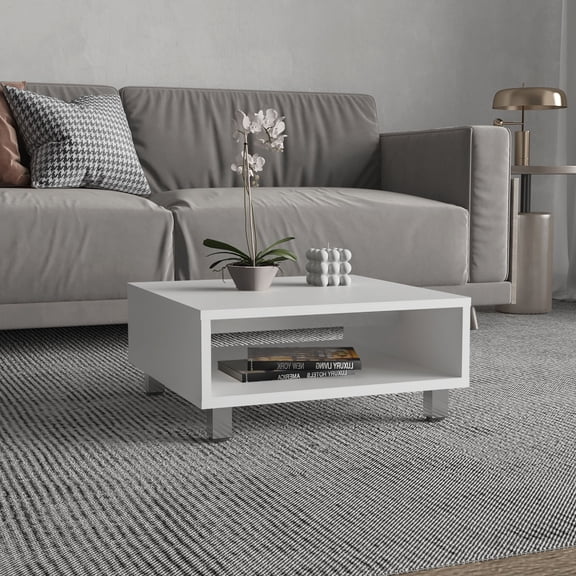 LifeSky 10" H Low Profile Square Coffee Table with Open Shelf, White, 23.6" x 23.6" for Small Living Room, Apartment, Low Sofa