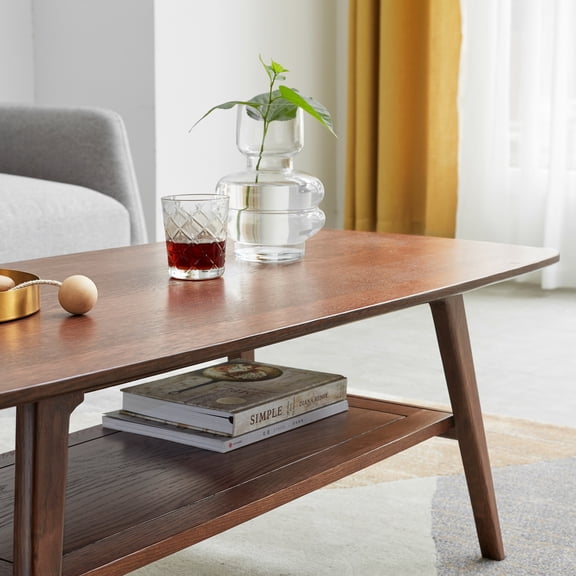 LifeSky 100% Solid Oak Coffee Table with Storage Shelf for Small Living Room & Family with Toddler: Holds 80kg, Rounded Corners, 8" Clearance for Robot Vacuum - Easy 15-Min Assembly, Walnut