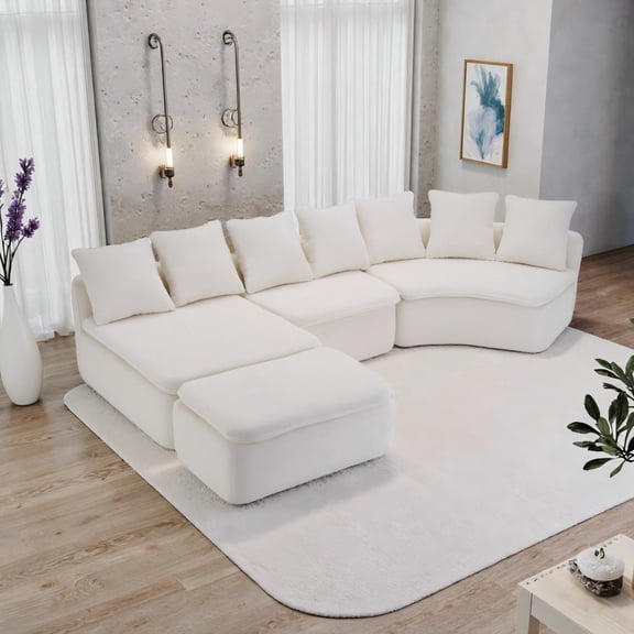 LifeSky 133" Modular U-Shaped Sectional Sofa for New Home Move-In: Use in 15 Seconds, No Assembly Needed - White Woodgrain Chenille - Flexible 10-Seat Configuration for Large Living Rooms