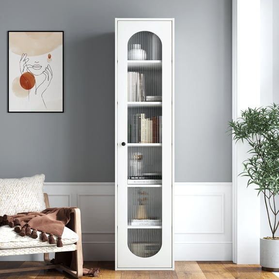 LifeSky 18-Inch Wide Tall Display Cabinet for Small Apartments: 6-Shelf Storage Solution for Books & Decor - Fluted Glass Door for Dust-Free Elegant Display